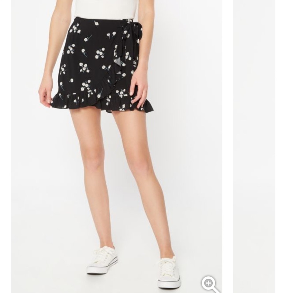 Black Floral Print Lettuce Hem Wrap Skirt